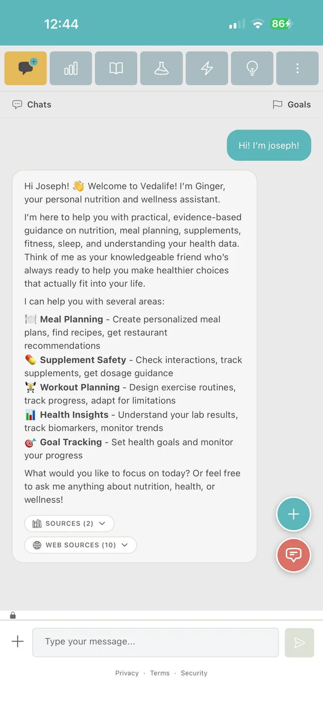 Ginger AI chat interface showing a personalized welcome message and list of wellness capabilities
