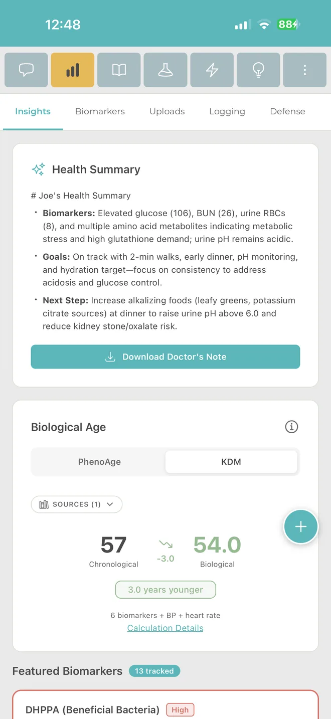 Health insights dashboard showing biological age, health summary, and featured biomarkers