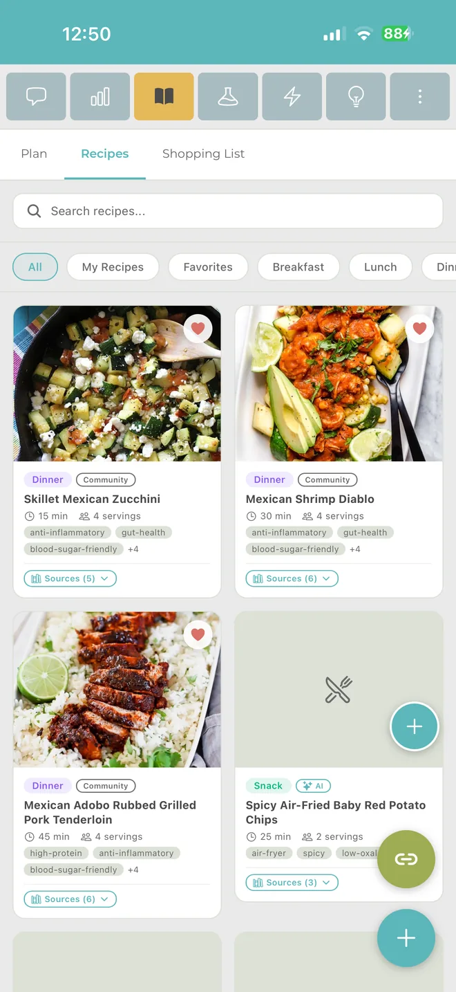 Recipe browser showing personalized meal cards with prep times, servings, and dietary tags